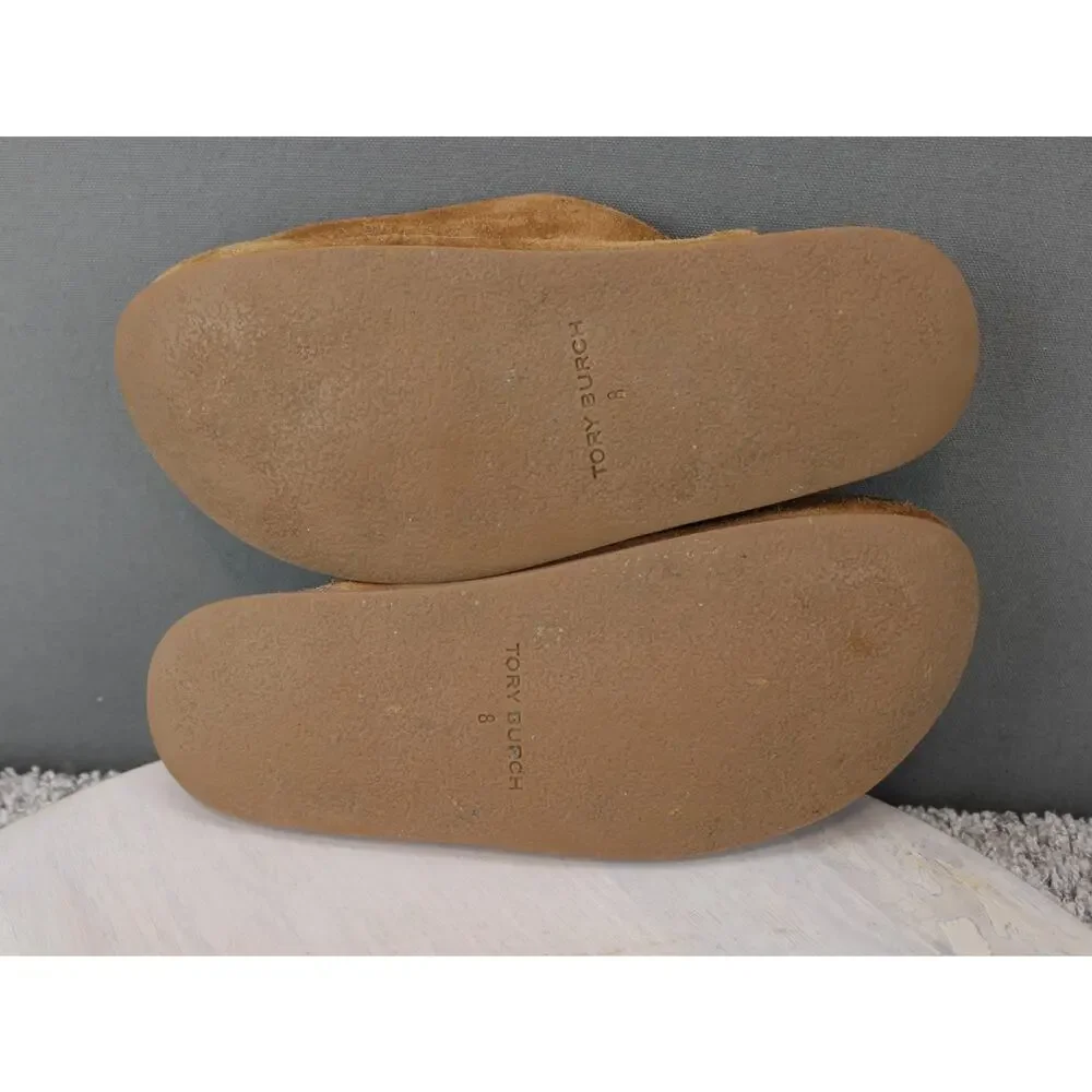 Tory Burch Shearling Lined Suede Slippers Womens 8 Brown Cozy Slip On